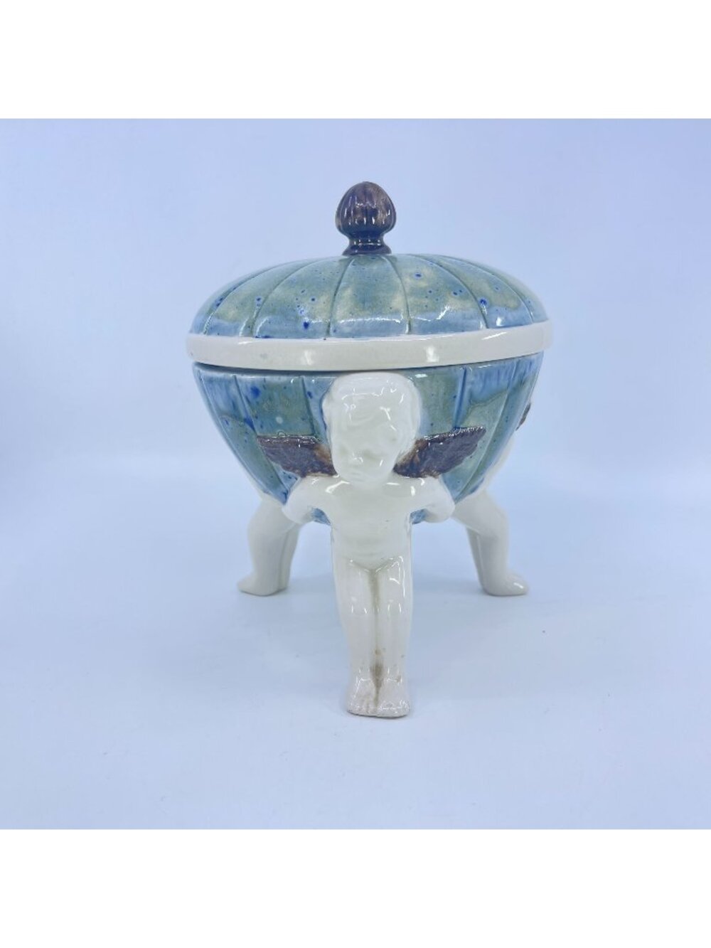 vintage ceramic lidded bowl with cherubs supporting bowl blue & white glaze read